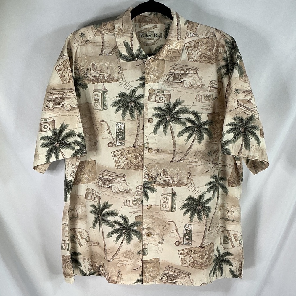Batik Bay Men's Vintage 90s Hawaiian Tropical Palm Tree Woody Wagon Camp Shirt L